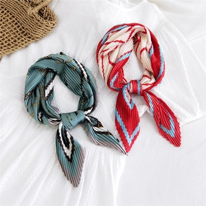 Pleated square silk scarf with vintage chain patterns and decorative wavy lines