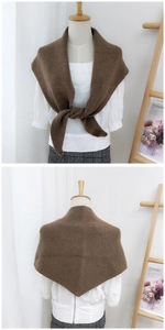 Detailed knit texture and logo leather patch on brown knitted triangle scarf wrap