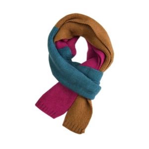 Three-color contrast long knit scarf in caramel brown, magenta, and peacock blue colors