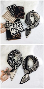 Detailed knit scarf textures featuring leopard print, stripes, and houndstooth patterns