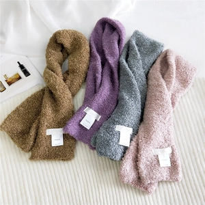 Long fluffy curly plush winter scarves in brown, purple, blue, and pink with Hutton woven label