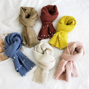 Elegant Women Artificial Pearl Beaded Knitted Scarf Winter Warm Solid Color Woolen Yarn Neck Warmer Fashion Ladies Long Small Muffler