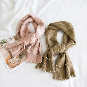 Knitted scarf with pearl accents in pink and olive brown, winter ribbed soft muffler