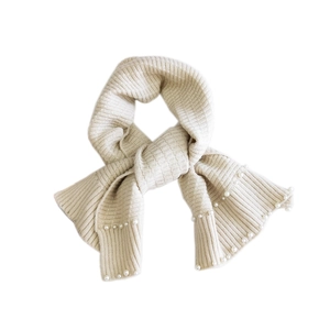 Creamy white ribbed knit scarf with double-row pearl trim in a soft cashmere-like texture