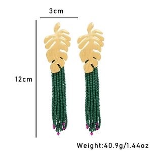 Long leaf tassel earrings with green seed beads and gold hollow metal accents