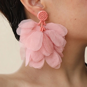 Elegant handmade pink fabric petal tassel statement earrings for women accessories