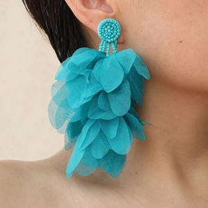 Handmade Fabric Petal Tassel Drop Earrings For Women Bohemian Large Beaded Flower Earrings With Stainless Steel Earring Post Vacation Jewelry