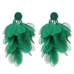 Detailed view of handmade green fabric petal earrings with bohemian beaded tassel accents