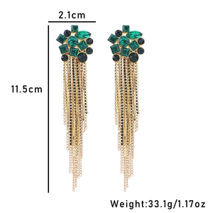 Detailed view of long tassel earrings with dimensions 2.1cm width and 11.5cm length