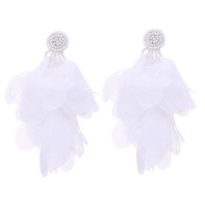 Detail of white handmade fabric tassel earrings with layered chiffon petals and beadwork