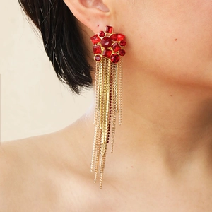 Red crystal rhinestone long tassel earrings with gold-tone metal chain fringe for women