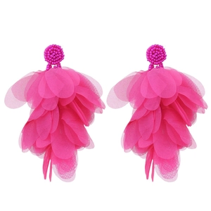 Detail of rose red beaded earrings featuring layered translucent mesh petal tassels