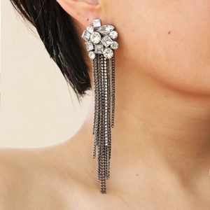 Elegant long fringe tassel earrings with sparkling rhinestones and metal chain layers