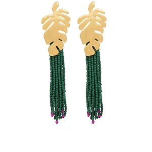 Bohemian Long Tassel Earrings Alloy Monstera Leaf Glass Seed Bead Drop Jewelry For Women Tropical Vacation Style