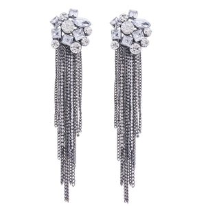 Detailed view of luxury rhinestone tassel earrings with a floral crystal stud base