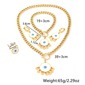 Detailed view of evil eye jewelry set with size measurements on a clean white background