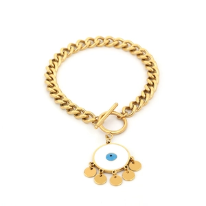Golden titanium steel Evil Eye cuban link bracelet with toggle clasp and charms