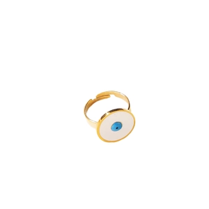 Detailed macro view of golden evil eye adjustable ring with white base and blue center