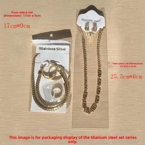 Detailed view of gold stainless steel jewelry sets with Greek fret patterns and chains