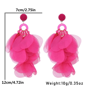 Handgefertigte rosa Stoffblumen-Ohrringe mit Quasten, 7 cm breit und 12 cm lang