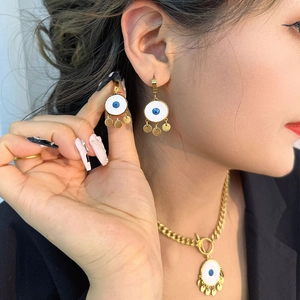 Bohemian Evil Eye gold plated jewelry set with tassel earrings and OT buckle necklace