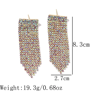 Sparkly long tassel earrings for women with multi-color rhinestones and 8.3cm length