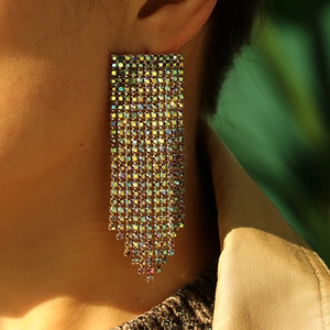 Elegant long tassel earrings for women with sparkling multicolored rhinestones for party wear