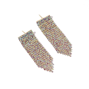 Long gold tassel earrings with colorful AB crystal rhinestones for formal evening wear
