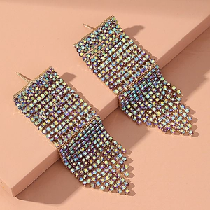 Elegant long gold tassel earrings with colorful rhinestones for evening parties