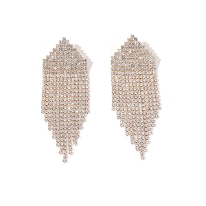 Luxury vintage crystal long tassel earrings with silver geometric rhinestone design