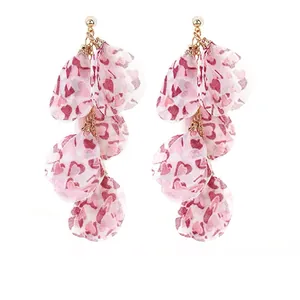 Boucles Oreilles Pendantes Alliage Tissu Imprimé Mousseline Pétales Superposés Cœur Frange Bohème Romantique Bijoux Femme