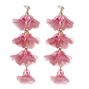 Pink fabric flower tassel earrings with crystals and gold-tone layered floral drop design