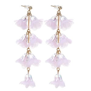 Detail of pink crystal flower earrings with long tiered fringe and gold-tone hooks
