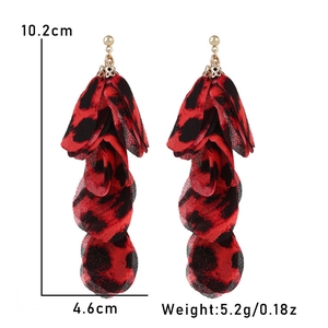Leopard print fabric petal drop earrings with size 10.2x4.6cm and weight 5.2g metrics