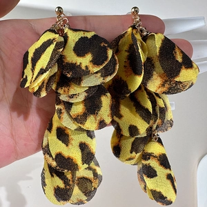 Handmade leopard print fabric tiered drop earrings with golden stud fasteners