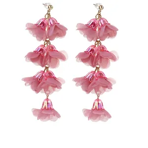Long Tassel Flower Dangle Earrings For Women Handmade Fabric Petals With Alloy And Acrylic Iridescent Caps Elegant