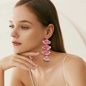 Pink gradient floral tassel earrings with handmade fabric petals for a feminine look