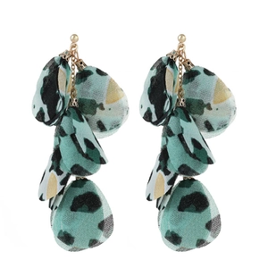 Detailed close-up of handmade leopard print fabric teardrop earrings with gold posts