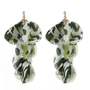 Detail of bohemian layered leopard print fabric petal drop earrings with gold hooks