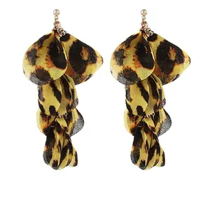 Leopard Print Fabric Petal Dangle Earrings Alloy Long Tiered Bohemian Fashion Jewelry For Women
