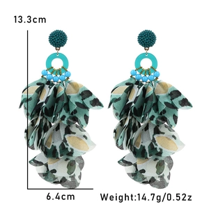 Bohemian large handmade fabric flower earrings with blue beads and leopard print tassels