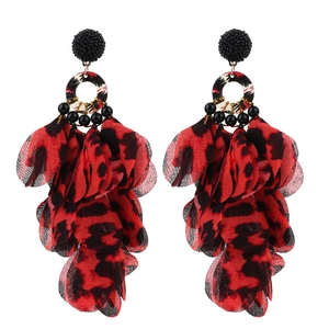 Exaggerated handmade red leopard print fabric flower tassel earrings with black beads