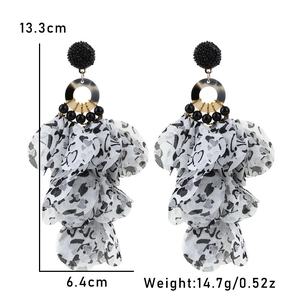 Handmade oversized floral drop earrings with leopard print fabric petals and beaded studs