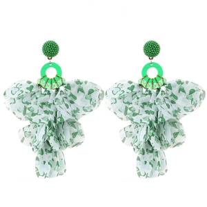 Detail of bohemian long tassel earrings featuring green floral chiffon petals and beads
