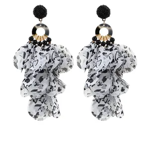 Handmade Bohemian Dangle Earrings With Fabric Petals Resin Rings And Beaded Ball Long Layered Tassel Fashion Jewelry For Women