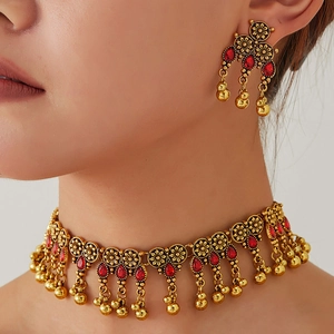 Vintage Gold Ethnic Necklace And Earrings Flower Hollow Water Drop Resin Gemstone Bell Tassel Bohemian For Women