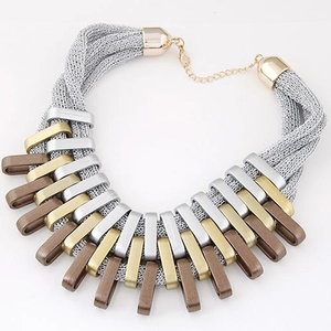 Multilayer woven chain necklace with gold silver and bronze geometric rings for women