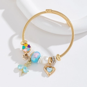 Stainless Steel Beaded Bracelet With Faux Artificial Pearls Colorful Glass Beads Heart Flower Charms Sweet Jewelry For Women