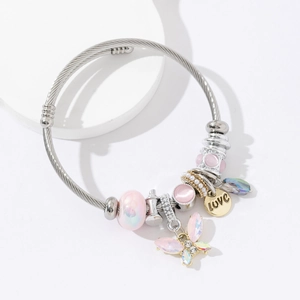 Bracelet Jonc À Breloques Réglable Fil Acier Inoxydable Papillon Pendentif Amour Perle Verre Bijoux Mode Pour Femmes