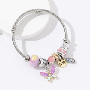 Bracelet à breloques réglable en acier inoxydable avec papillon violet et perles roses